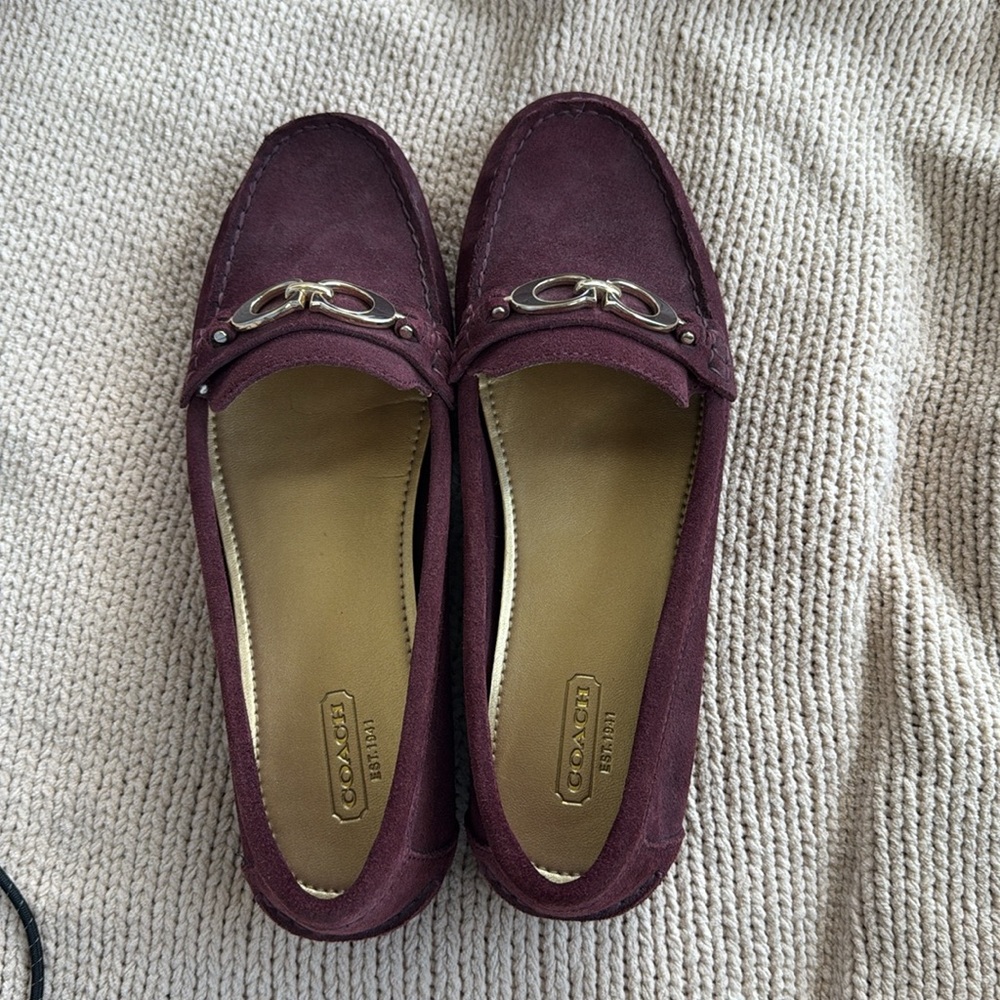 Coach Fortunata Wine Suede Flat Loafer Driving moccasin shoe 8 Burgandy